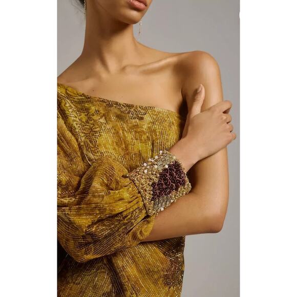 Anthropologie Nirmooha One Shoulder Shine Golden Beaded Formal Dress Medium NWT - Picture 3 of 4